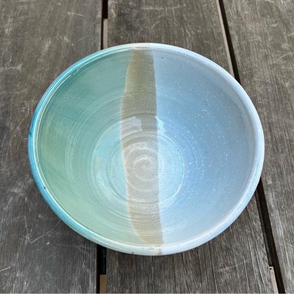 Studio Pottery Half Dipped Glazed Serving Bowl in Green Blue Tan Artist Signed - Picture 3 of 12